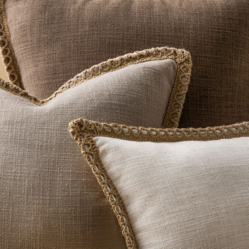 Phantoscope Pack of 2 Farmhouse Decorative Solid Throw Decorative Pillow Cover Burlap Linen Trimmed Tailored Edges Beige 24 x 24 inches, 60 x 60 cm - Image 4